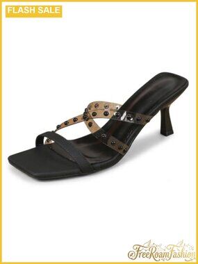 Clear PVC Studded Strap Kitten Heel Square Toe Mule Sandals Women